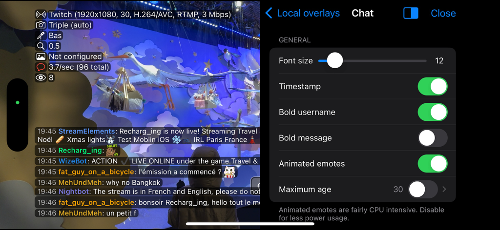 Moblin - Moblin app interface showing a live stream with chat overlay and its customization settings menu.