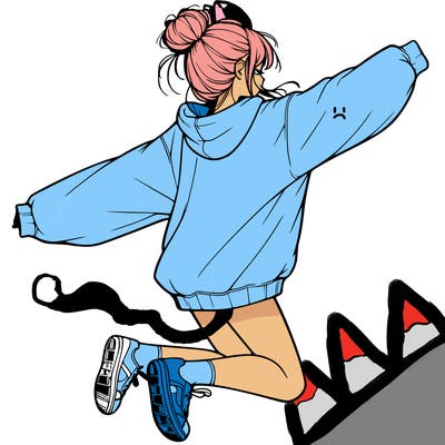 realistic girl jumping with a bun and oversized sweatshirt