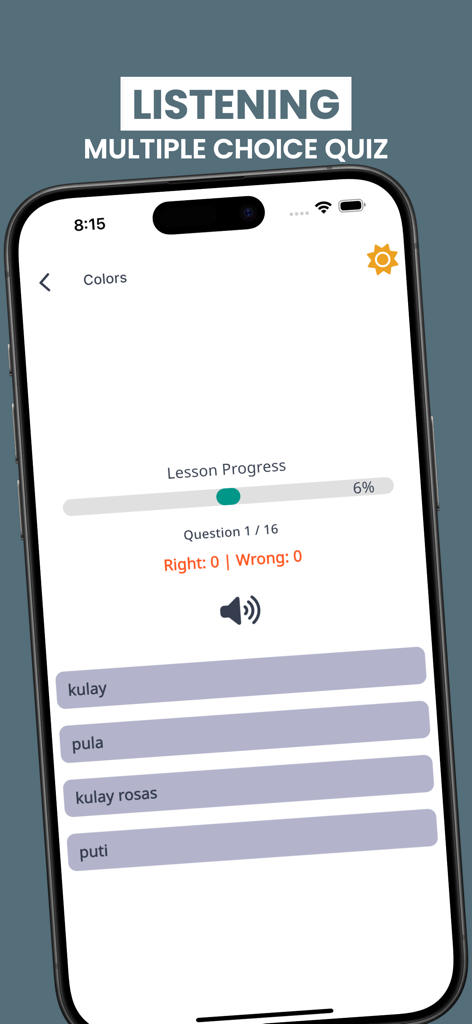 Interface d'un quiz à choix multiples d'écoute dans l'application d'apprentissage du tagalog.