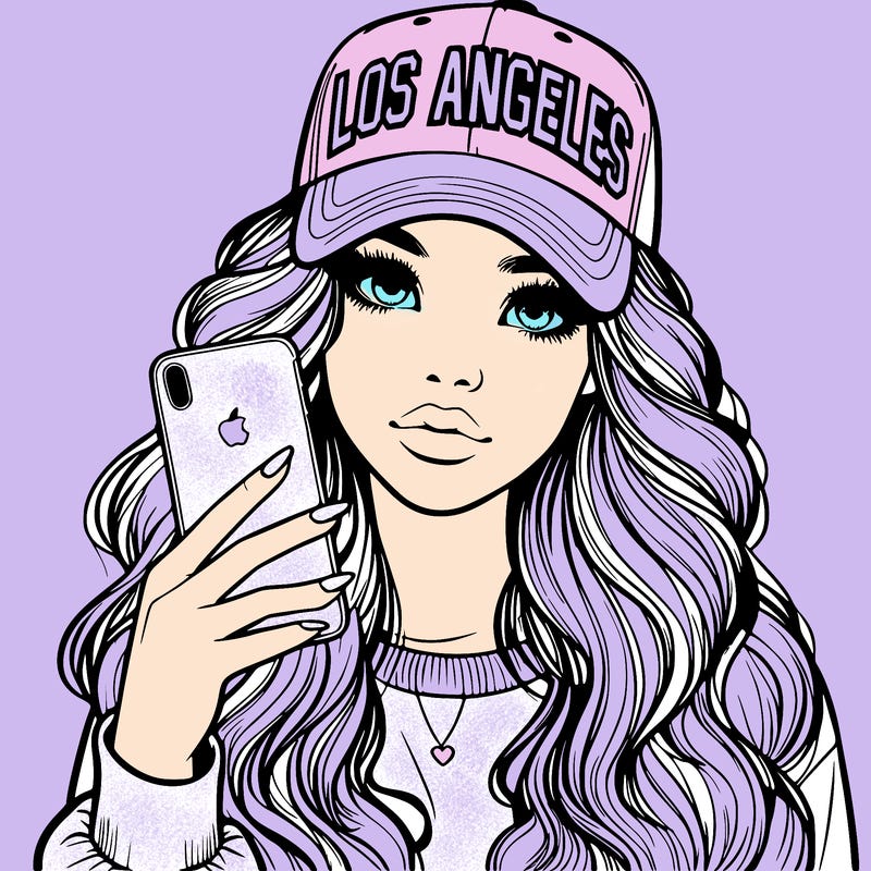 realistic beautiful girl wearing los ángeles cap holding an iphone