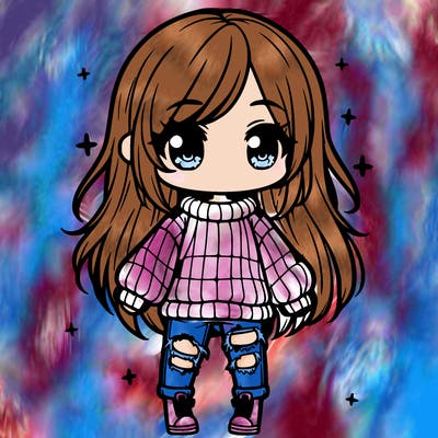 chibi girl with ripped jeans,long hair, and an oversized sweater