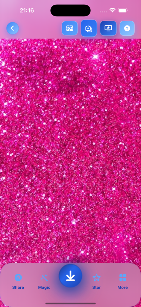 Glitter Pink Wallpapers HD - Schermo dello smartphone che mostra uno sfondo glitter rosa scintillante con i controlli dell'app