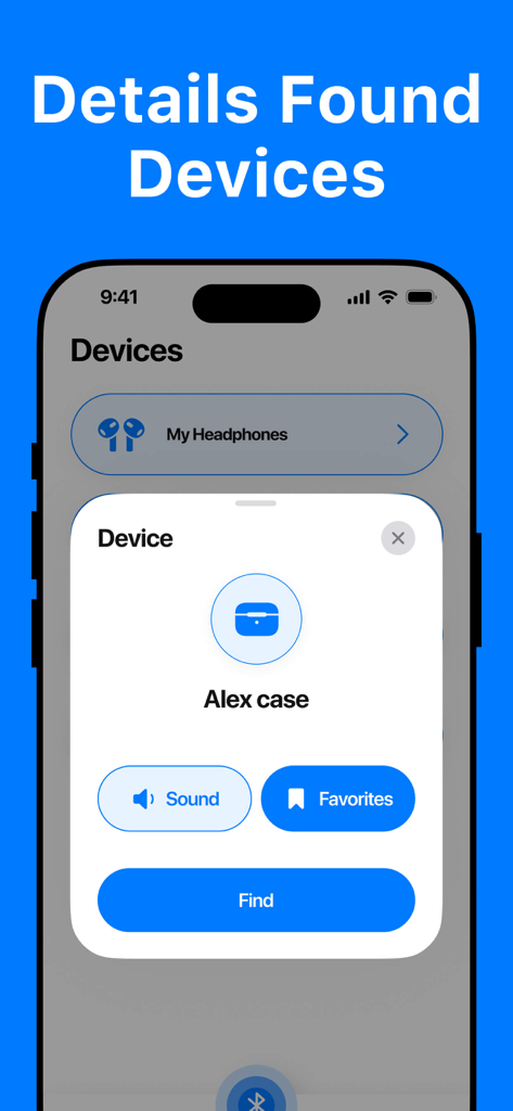 Find my Pods and Device - Mobile app screen showing details for a found earbud case with buttons to play sound or start finding