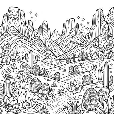 Journey to a captivating desert landscape where towering mountains meet the joyous spirit of Easter! This delightful coloring page is brimming with charming bunnies, intricately decorated eggs, and desert flora, offering a truly unique creative escape.