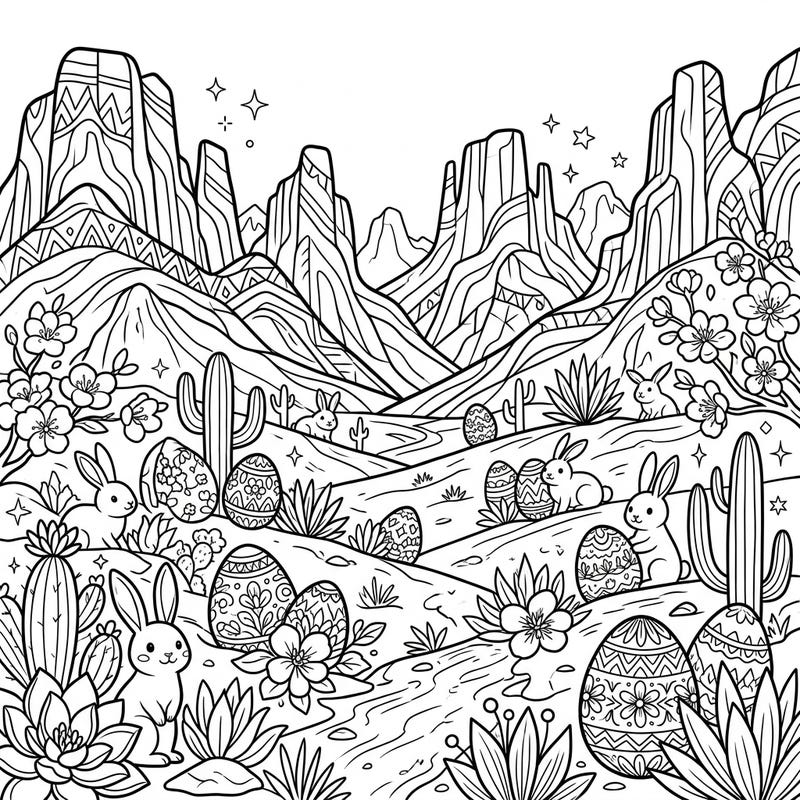 Journey to a captivating desert landscape where towering mountains meet the joyous spirit of Easter! This delightful coloring page is brimming with charming bunnies, intricately decorated eggs, and desert flora, offering a truly unique creative escape.