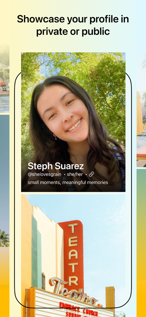 Glass photography app user profile showing a photographer portfolio with a minimalist design