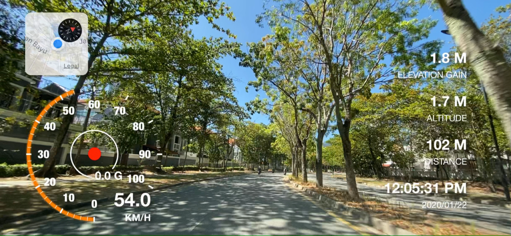 Motion Log Cam - Gravação do Motion Log Cam com sobreposições de dados de velocidade, mapa e elevação.