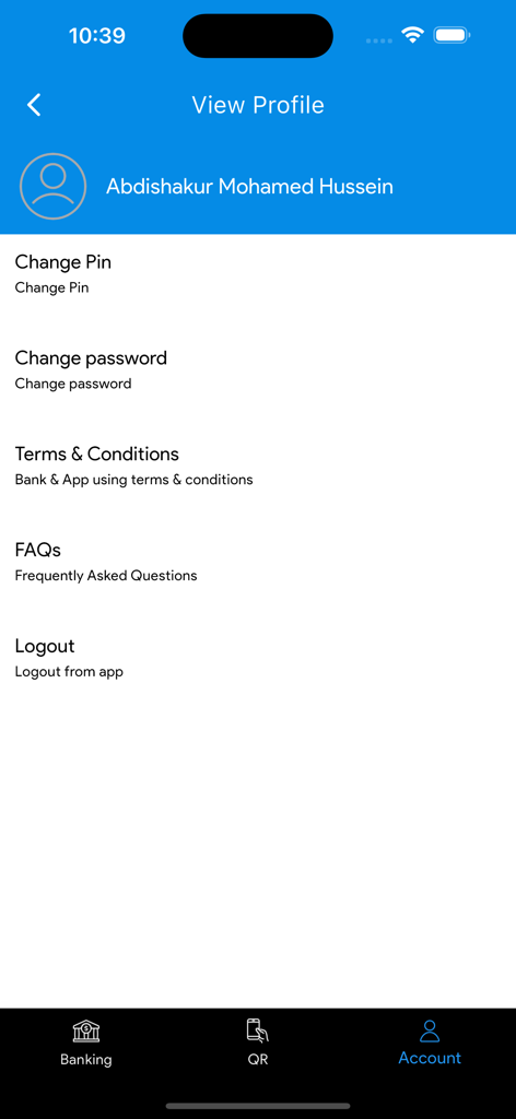 المستقبل للخدمات المالية - User profile settings screen in the Future Money Service app showing options for changing PIN and password