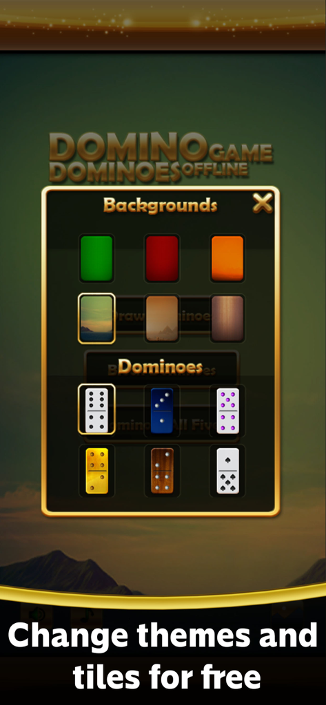 Domino game Dominoes offline - Um menu de personalização mostrando diferentes cores de fundo e designs de peças de dominó no jogo offline.