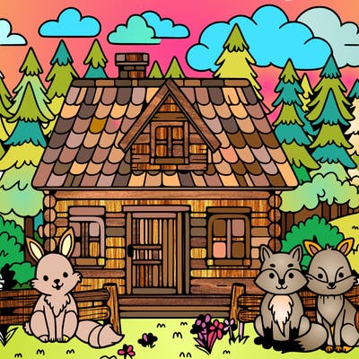 house in a forest with rabbits and foxes