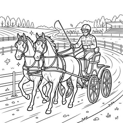 Get ready for a thrilling ride with this coloring page featuring a skilled driving competitor and their magnificent team of horses. This action-packed scene captures the excitement of carriage racing, perfect for young artists.
