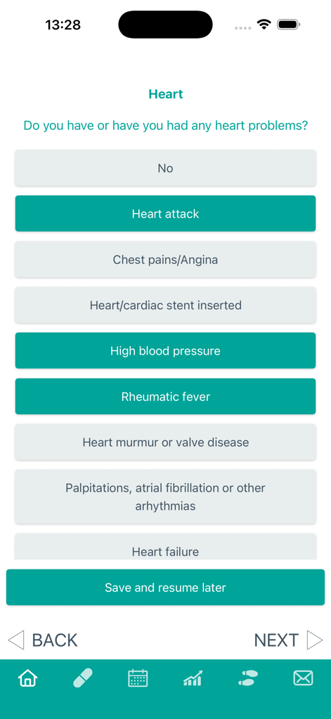 CONNECTPlus - Medical questionnaire interface in CONNECTPlus app for heart health assessment