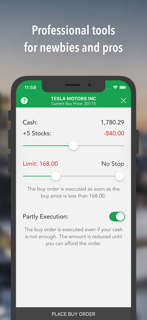 Best Brokers Stock Market Game - Interface do aplicativo Best Brokers para colocar uma ordem de compra limite de ações da Tesla com ferramentas de negociação profissionais.