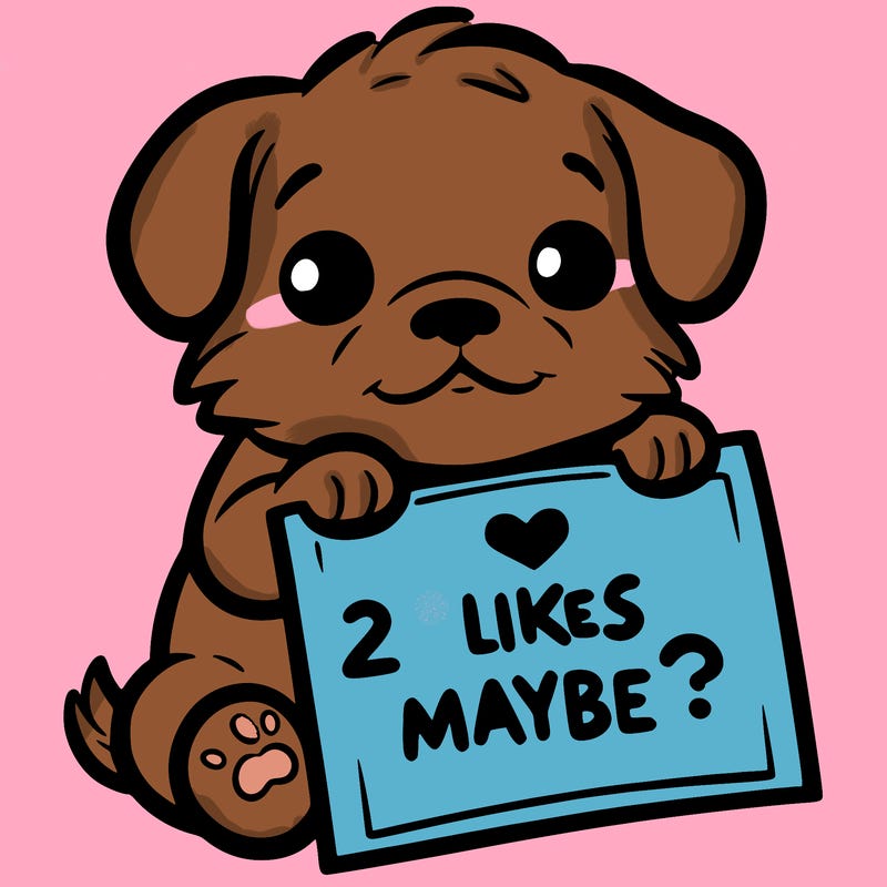 a puppy holding a sign that says 2 likes maybe?