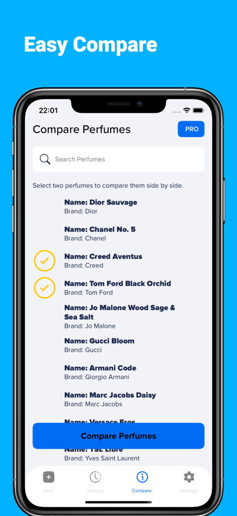 Mobile app interface showing the compare perfumes feature with a list of fragrance brands and selection checkboxes.