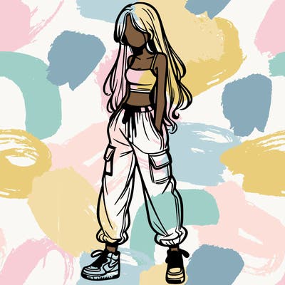 girl in baggy pants crop top and long hair