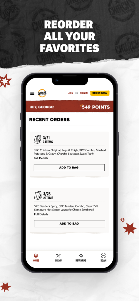 Church's Texas Chicken® - Churchs Texas Chicken app display showing recent orders and reward points for quick reordering
