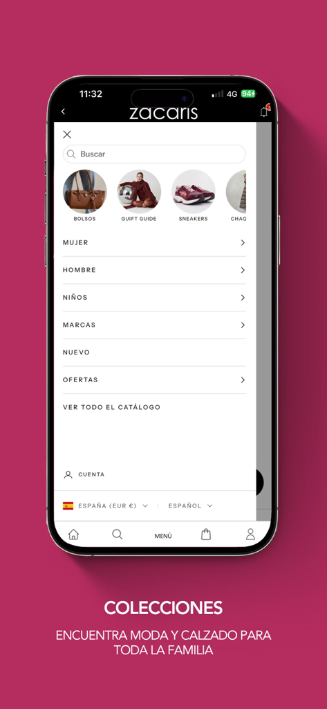 Menú de navegación de la app Zacaris con categorías para mujer, hombre y niño
