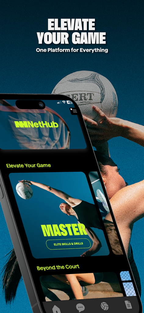 NetHub App - A mobile phone screen displaying the NetHub app interface with netball training modules and an athlete playing in the background.