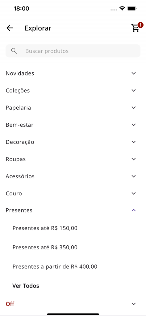 Pantalla de exploración de la aplicación móvil Papel Craft mostrando categorías como filtros de precios de papelería, moda y regalos.