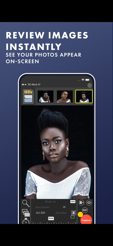 CamRanger 2 - Camera Control - CamRanger 2 app interface showing instant photo preview and camera settings on a mobile screen