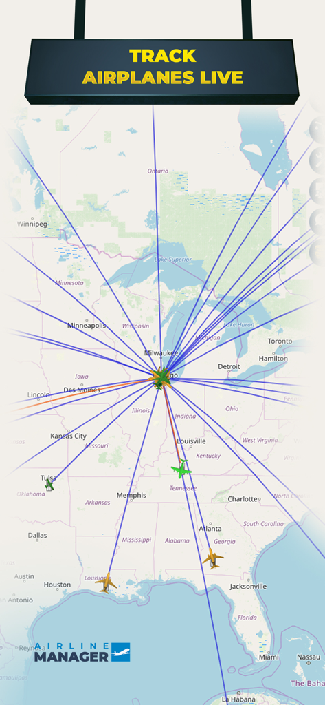 Live airplane tracking on an interactive map in Airline Manager 2026.