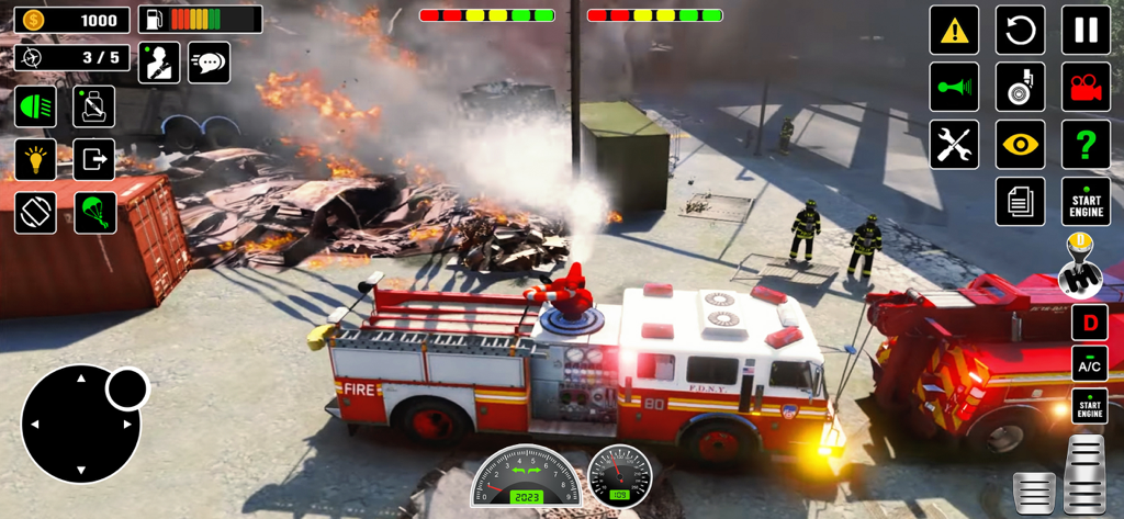 Un camion de pompiers rouge en mission de sauvetage éteignant un incendie dans un décor urbain dans le jeu mobile US Firefighter Truck Rescue.