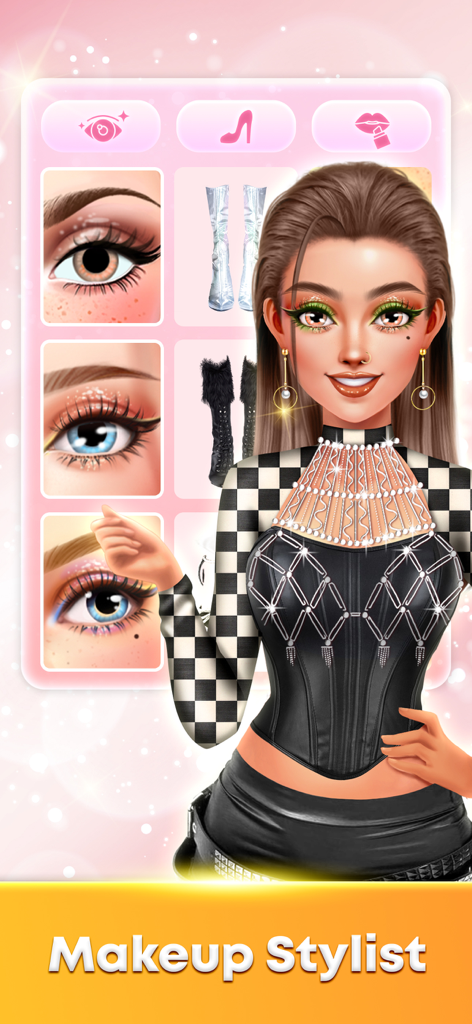 Fashion Star: Model Dress Up - Una modelo personaje con maquillaje y atuendo de moda en la interfaz de la aplicación Fashion Star que muestra opciones de maquillaje de ojos