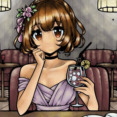 elegant anime girl at restaurant holding drink