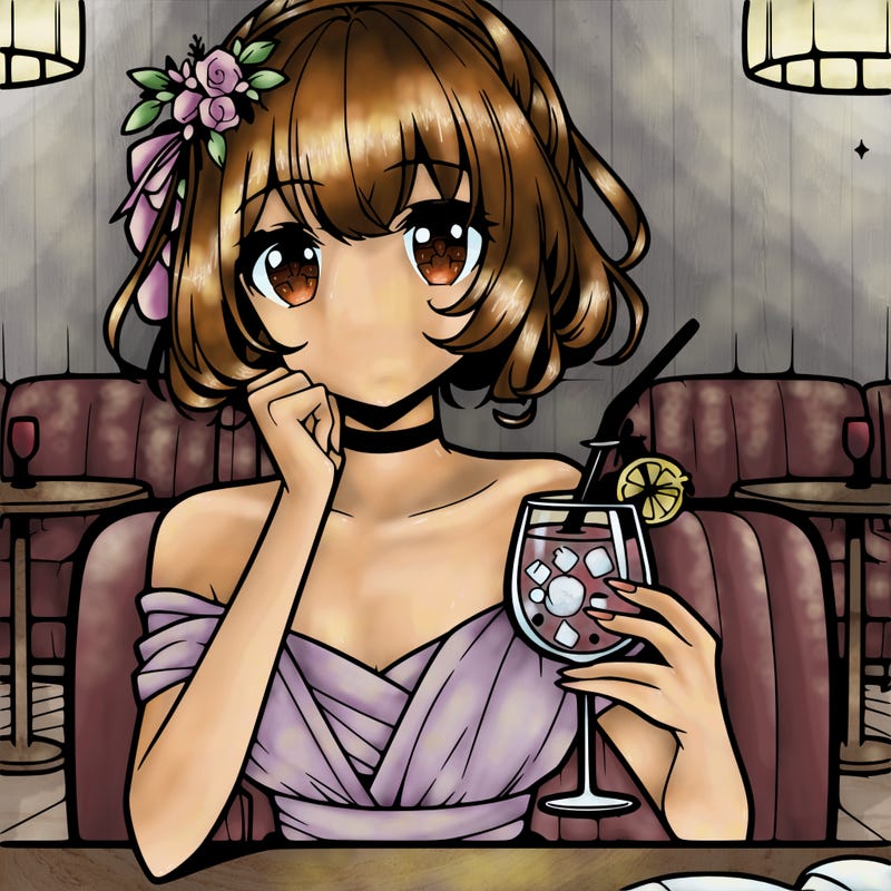 elegant anime girl at restaurant holding drink