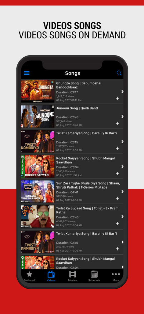 IndiaTVShowz - Bollywood App - A screen from the IndiaTVShowz app displaying a list of Bollywood music videos with view counts and durations