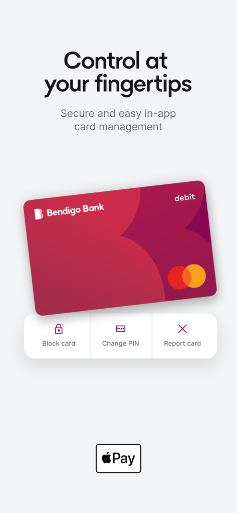 Bendigo Bank app screen displaying in-app card management tools including block card change PIN and report card features