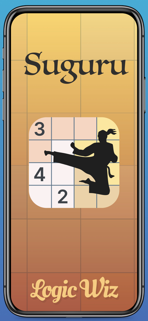 Suguru & Variants by Logic Wiz - Splash screen of the Suguru and Variants logic puzzle app by Logic Wiz featuring a puzzle grid with a martial arts silhouette.