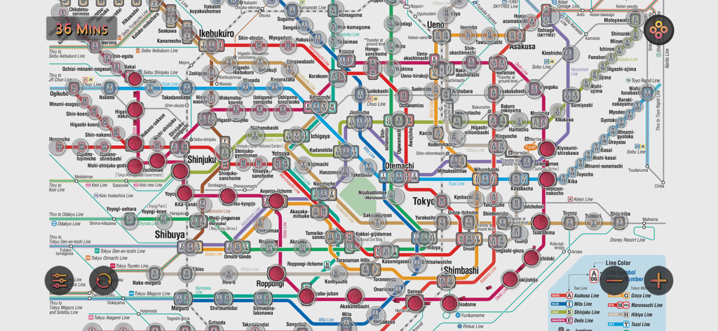 Tokyo Subway Map Route 東京地下鉄ナビ - Tokyo subway map interface in English showing a 36 minute travel route