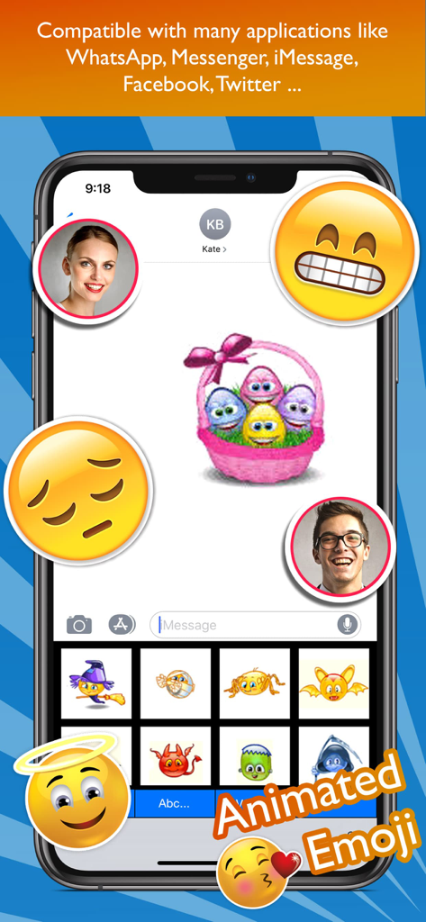 Animated Emoji Keyboard Pro - Pantalla de smartphone mostrando varios stickers de emojis animados dentro de una aplicación de chat usando el Teclado Animado de Emojis Pro.