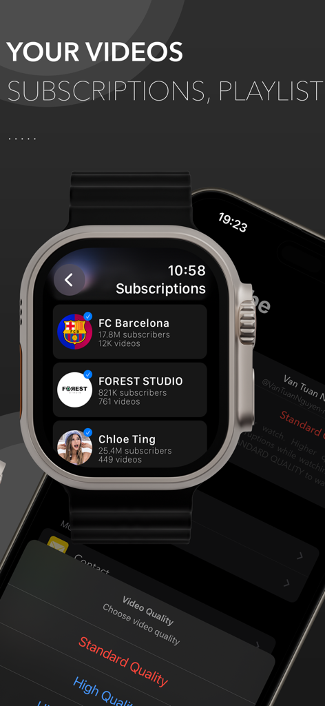 YouTube subscriptions list on the WristTube Apple Watch app.
