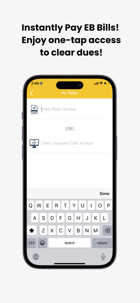 OK$ - Schermata dell'app mobile OK Dollar che mostra le opzioni per pagare le bollette dell'elettricità inserendo un numero di contatore o un codice computer.