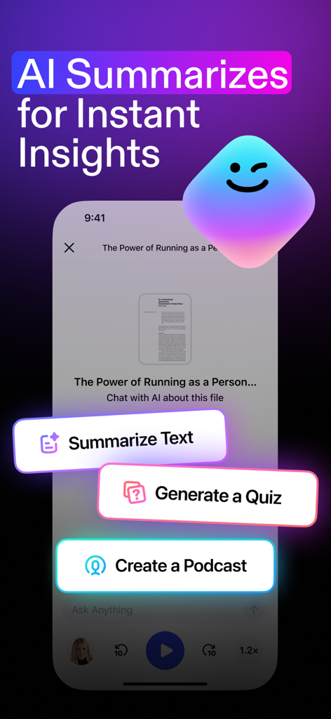 Interfaccia dell'app Speechify che mostra funzioni AI per riassumere testo, generare quiz e creare podcast da documenti.