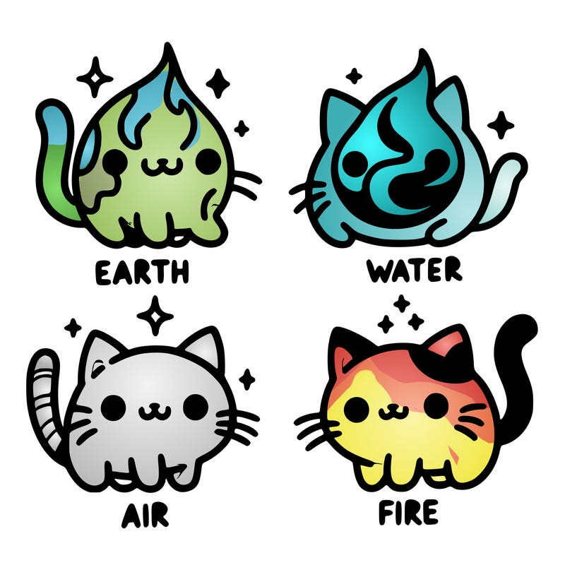4 cats that represent the different elements, earth, water, air, and fire