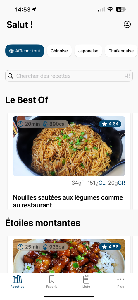 Cuisine Asiatique Maison - Pantalla de inicio de la aplicación Cocina Asiática Casera mostrando categorías de recetas asiáticas y platos destacados