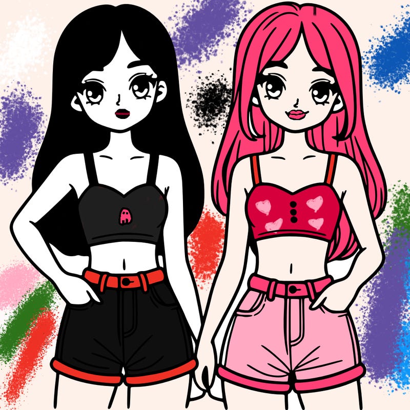 two sisters with crop tops and jean shorts and straight hair