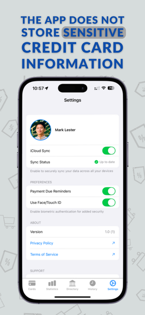 KasKas Savvy app settings screen showing biometric security and privacy features for credit card management.