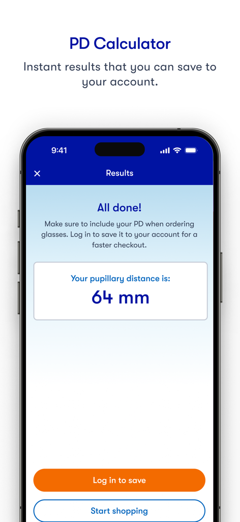 The Framery - The Frameryアプリのスクリーンショット。64mmの瞳孔間距離測定結果が表示されています。