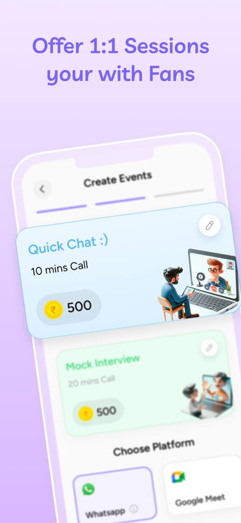 OpeninApp interface showing how creators can set up one on one chat sessions and mock interviews for their fans.