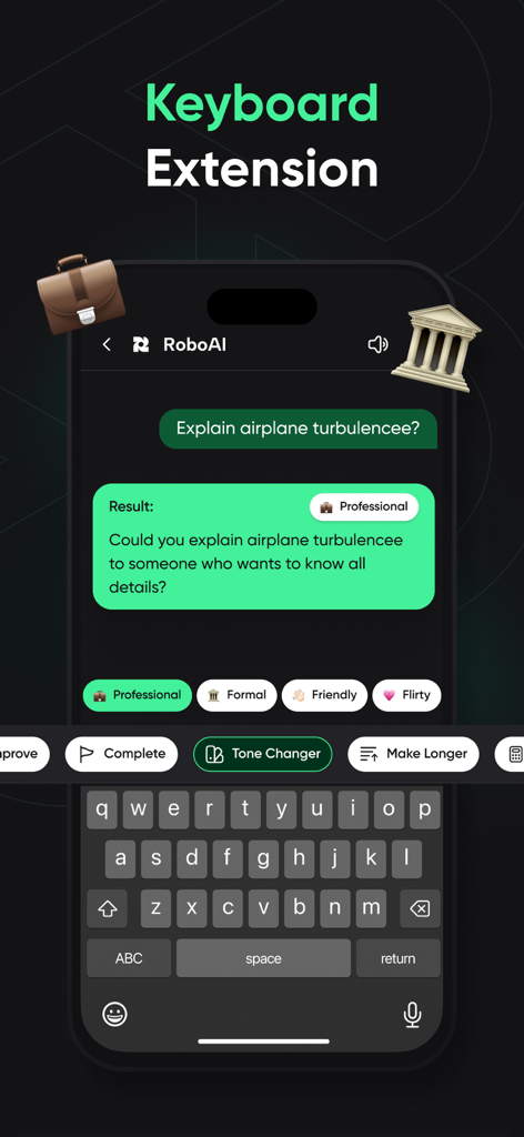 RoboAI - Chat & Ask AI Chatbot - RoboAI keyboard extension interface with AI powered tone changer for professional messages.