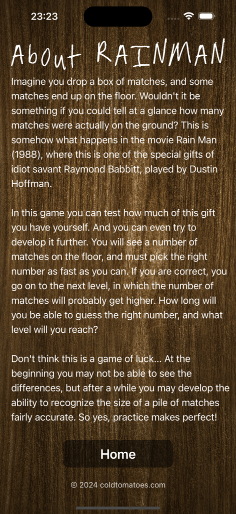 Rainman - The Game - About page for Rainman The Game describing the match counting gameplay and movie inspiration
