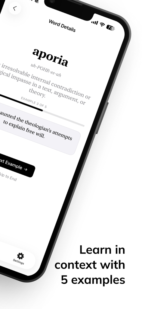 Eloquence - Speak Smarter - Eloquence app interface showing the word aporia with its pronunciation and context examples