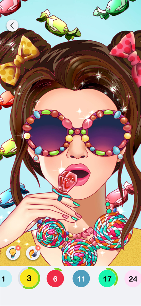 Color Fever - Color by Number - Digital coloring page of a woman wearing colorful gem-studded sunglasses and a lollipop necklace in the Color Fever app interface