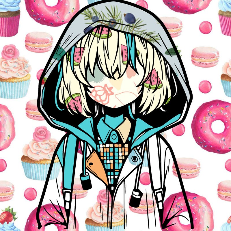 little anime girl in a raincoat her hair is covering her eyes she has a lighter