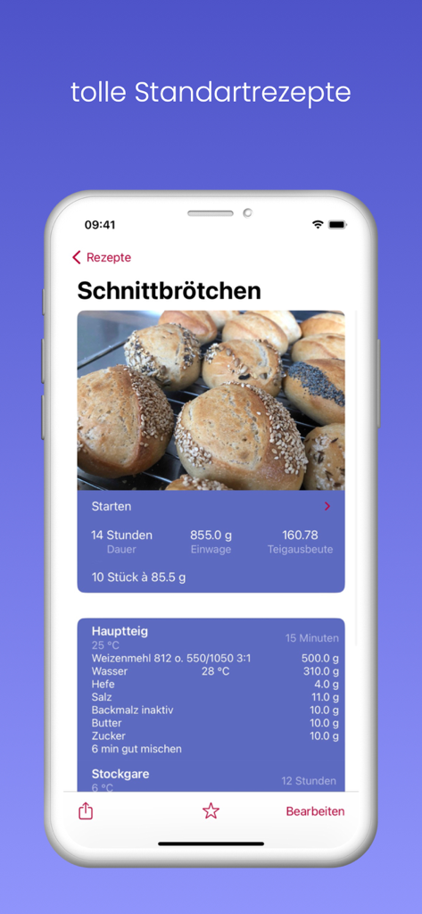 Capture d'écran de Back App affichant une recette de pain professionnelle avec les mesures des ingrédients et les détails de température